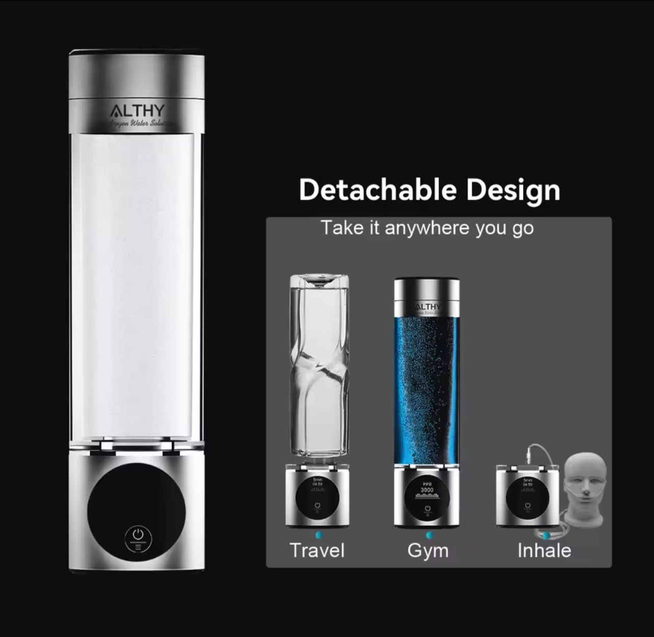 Garrafa geradora de água de hidrogênio de desempenho ALTHY DuPont SPE + PEM lonizador de câmara dupla + PPB e exibição de tempo + dispositivo de inalação H2