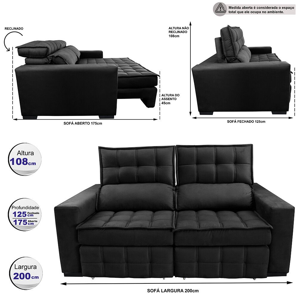 Sofá Retrátil e Reclinável 2,00m Molas Ensacadas e Costura Tripla Nobre Suede Preto