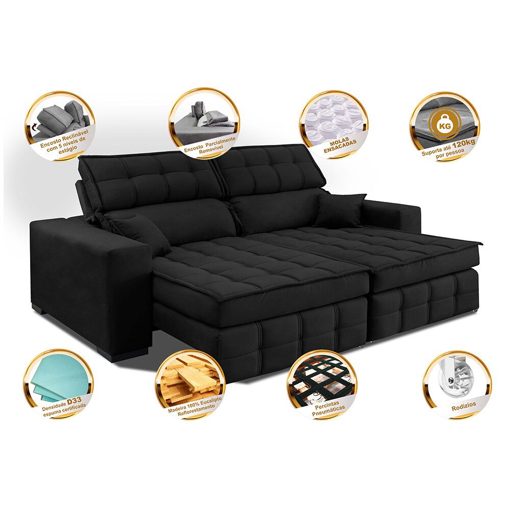 Sofá Retrátil e Reclinável 2,00m Molas Ensacadas e Costura Tripla Nobre Suede Preto