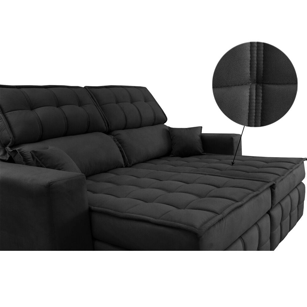 Sofá Retrátil e Reclinável 2,00m Molas Ensacadas e Costura Tripla Nobre Suede Preto