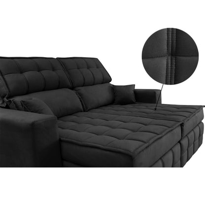 Sofá Retrátil e Reclinável 2,00m Molas Ensacadas e Costura Tripla Nobre Suede Preto