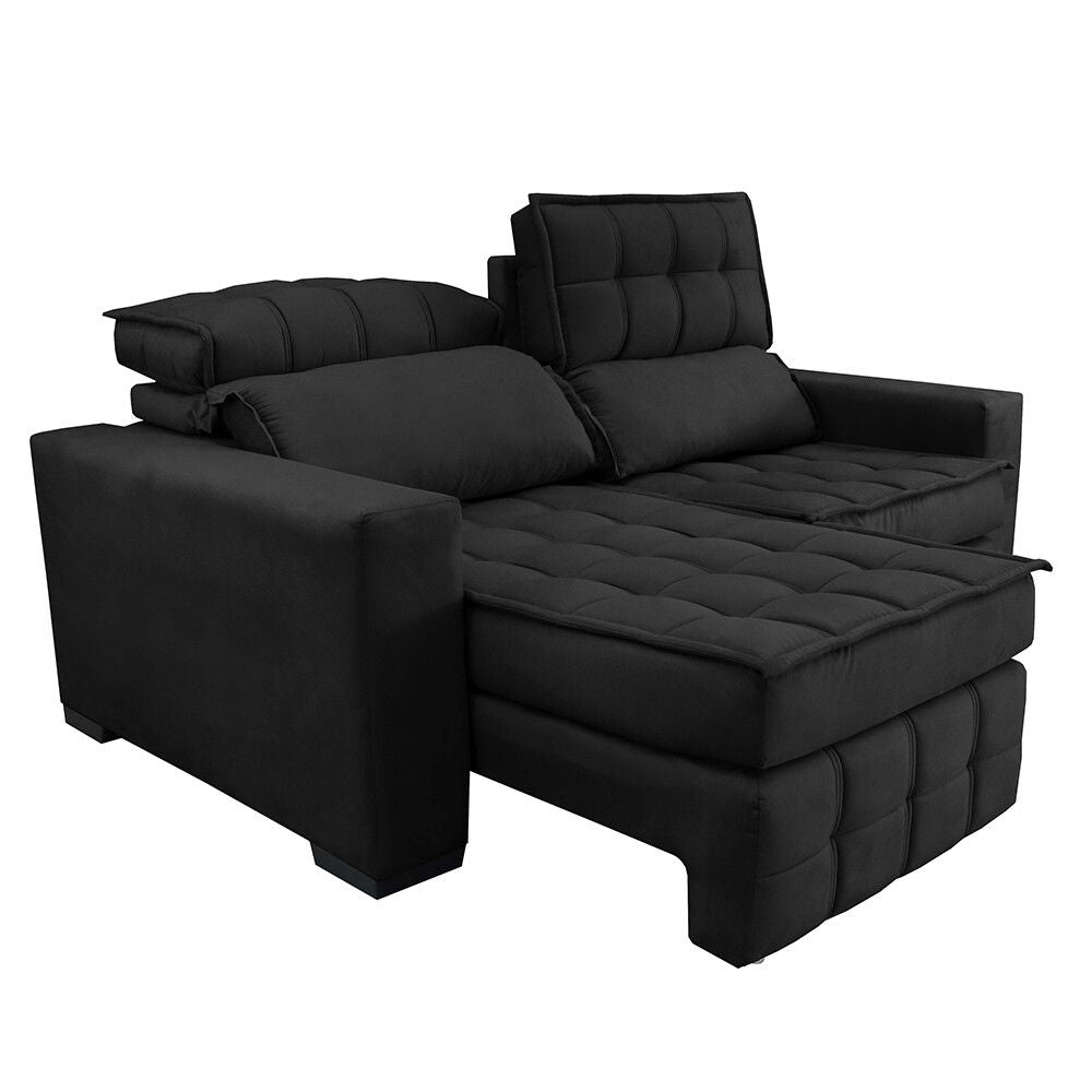 Sofá Retrátil e Reclinável 2,00m Molas Ensacadas e Costura Tripla Nobre Suede Preto