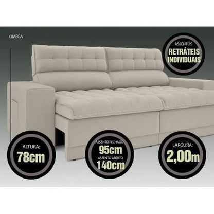 Sofá Omega 2,00M Assento Retrátil e Reclinável Velosuede Areia -
